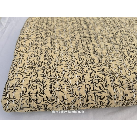 Kantha Quilt Handblock Print Indian Netural Colour floral print Quilt Hand Stitched Natural vegetable dye cotton