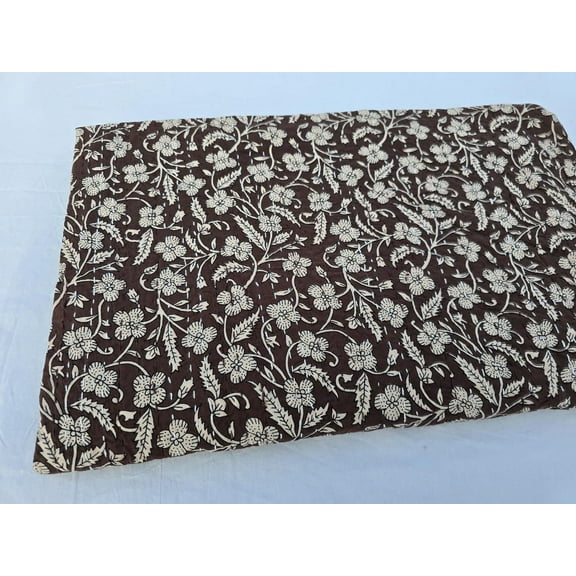 Kantha Quilt Handblock Print Indian Netural Colour floral print Quilt Hand Stitched Natural vegetable dye cotton
