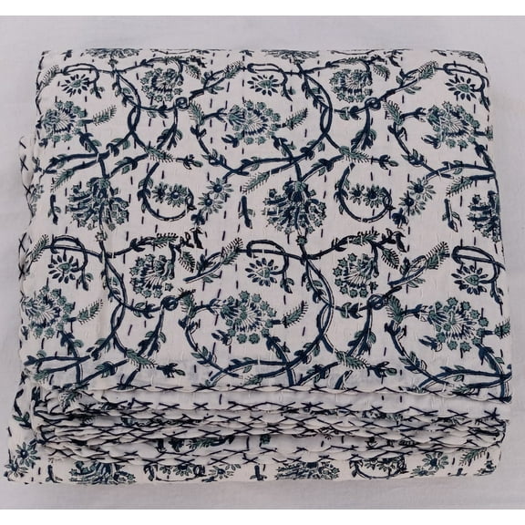 Kantha Quilt Handblock Print floral Kantha Indian Netural Colour Indian inspired Bedding Hand Stitched Rural Quilted bedding bedspread A And E Textiles House