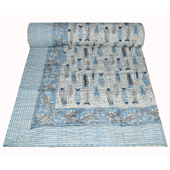Kantha Quilt Indian Hand Block Print Quilt Cotton Kantha Throw Kantha Blanket Handmade Quilt Double Size Kantha Bedspread Fish Print
