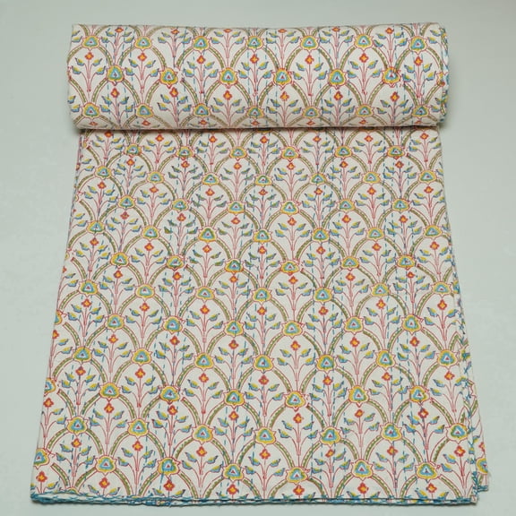 Kantha Quilt Multicolour Floral Jaal Block Print – Pure Cotton Bedspread, Handmade Indian Blanket for Boho Bedroom