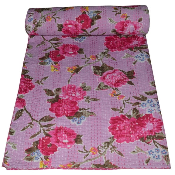 Kantha Quilt Pink Floral Print Indian Block Print Quilt Cotton Kantha Throw Kantha Blanket Handmade Quilt King Size Kantha Bedspread Double