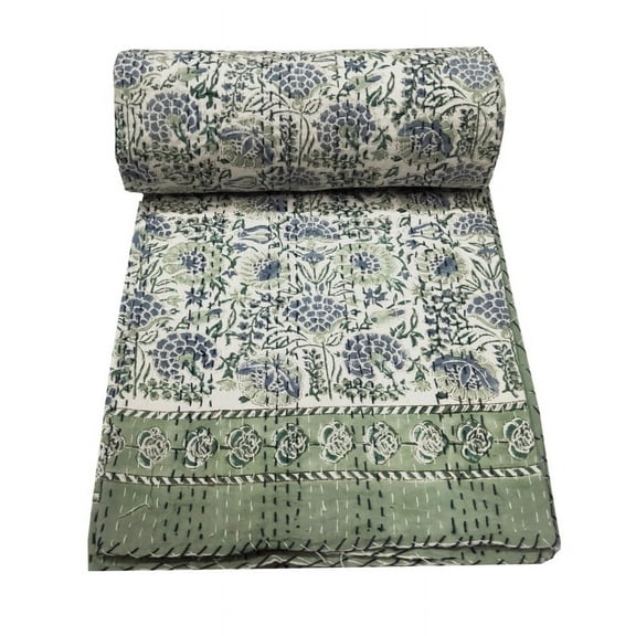 Kantha Quilt Throw Hand Block Print bedspread Indian Dcor Vintage Bohemian Coverlet Blanket Gudri Floral Print Single Size