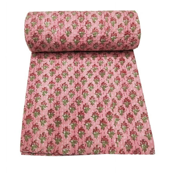 Kantha Quilt Throw Hand Block Print bedspread Indian Décor Vintage Bohemian Coverlet Blanket Gudri Pink Floral Print Single Size 60 X 90 Inches