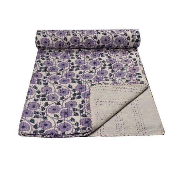 Kantha Stitch Pure Cotton Reversible Bed/Sofa Throw Twin Size | Handmade HandPrinted Floral Dohar Purple Leaf Print Kantha 90x60 Inch