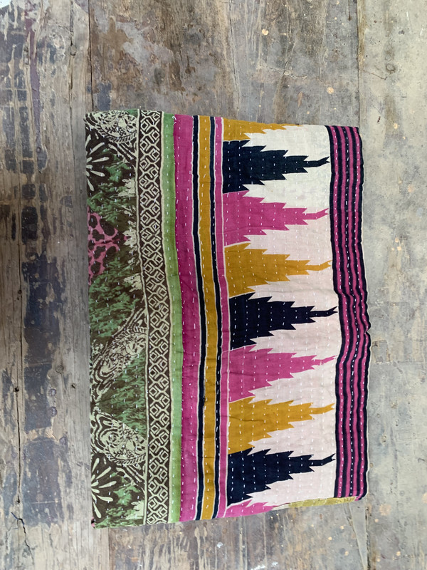 Kantha Work Gudari Quilted Floral Bedspread Winter Printed Mat Indian Blanket