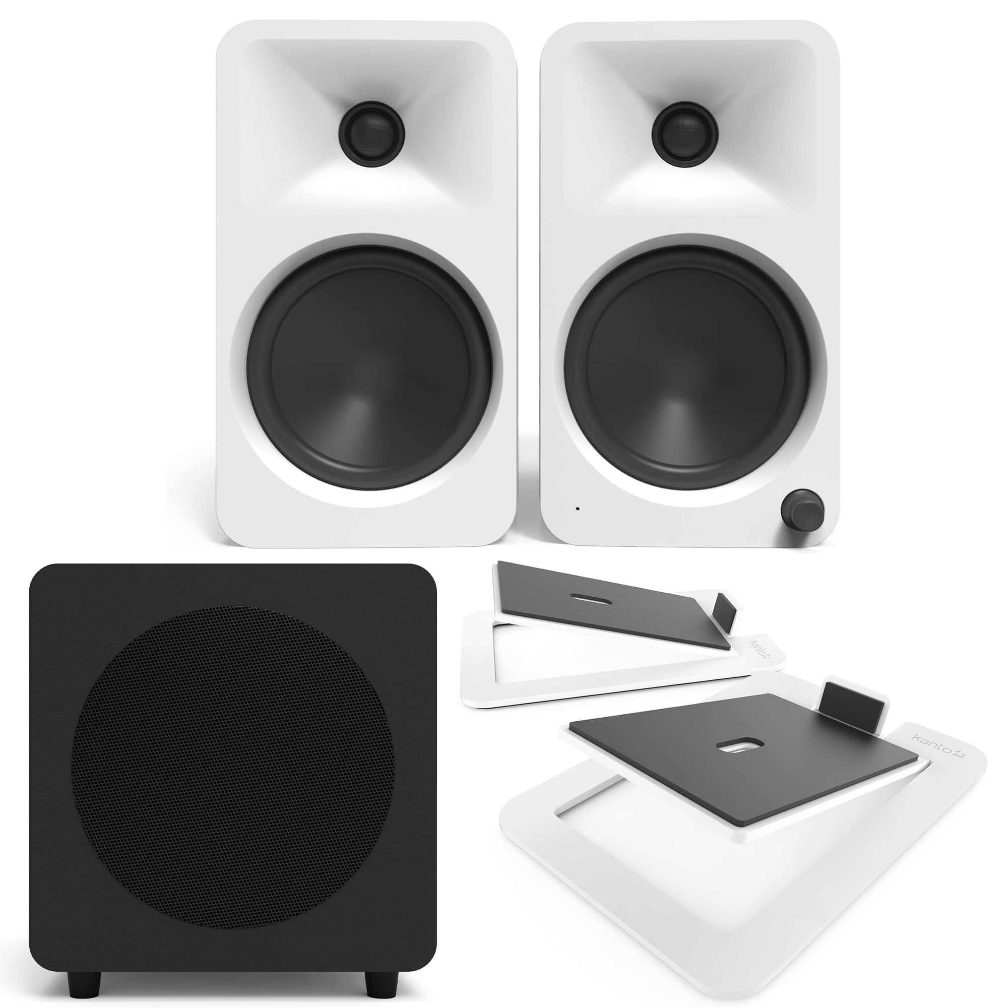 Kanto ORA4MW Pro Audio Bluetooth Desktop Speakers with a Kanto SUB8VMB Sealed Powered 8" Subwoofer and Kanto S6W Angled Desktop Speaker Stands for Large Speakers (2024)