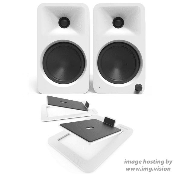 Kanto ORA4MW Pro Audio Bluetooth Desktop Speakers - Matte White Pair with Kanto S6W Angled Desktop Speaker Stands for Large Speakers - White Pair (2024)