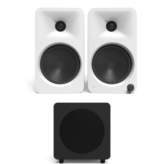 Kanto ORA4MW Pro Audio Bluetooth Desktop Speakers - Matte White Pair with a Kanto SUB8VMB Sealed Powered 8" Subwoofer - Vinyl Black (2024)