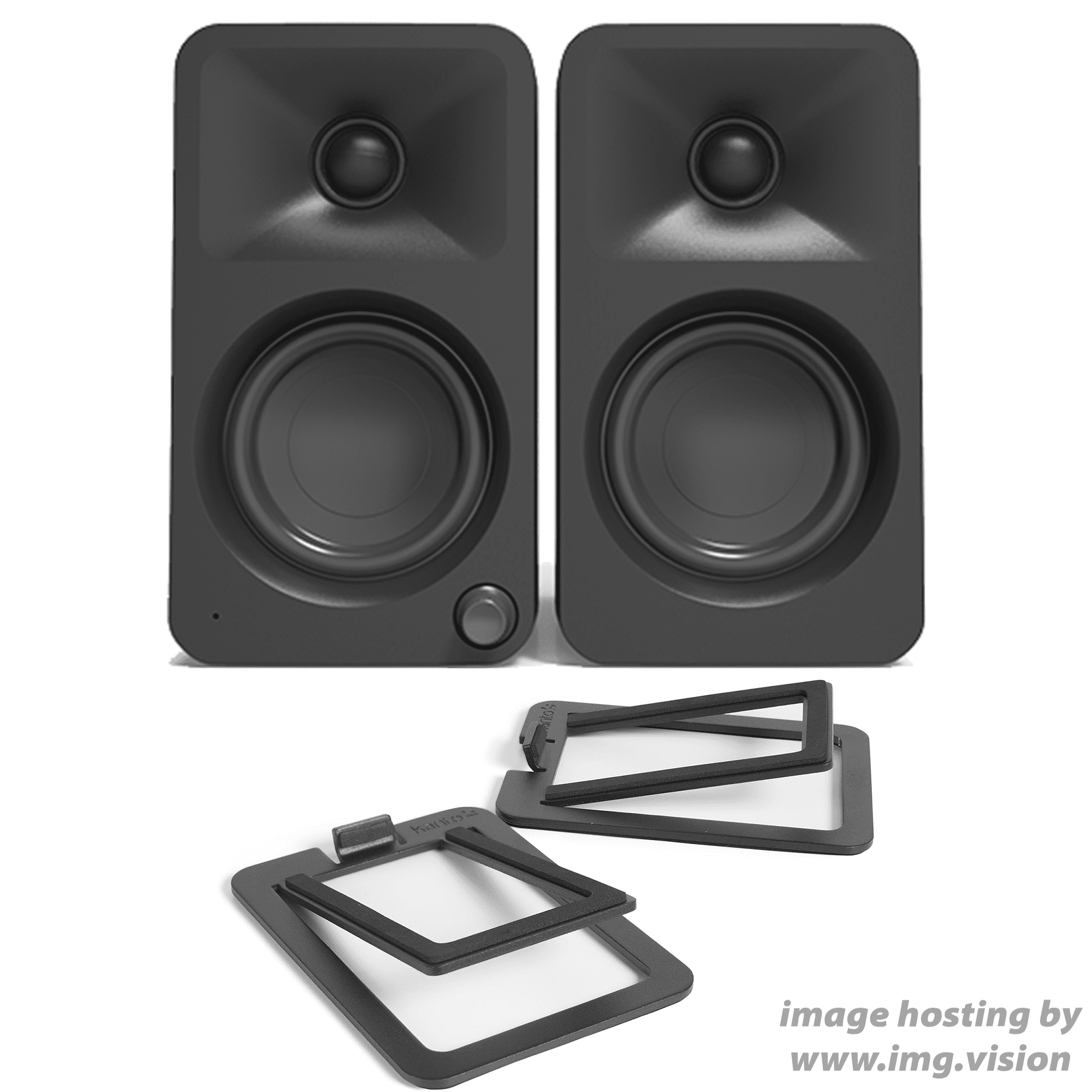 Kanto ORAMB Powered Reference Bluetooth Desktop Speakers - Black Pair with Kanto S2 Angled Desktop Speaker Stands for Small Speakers - Black Pair (2023)