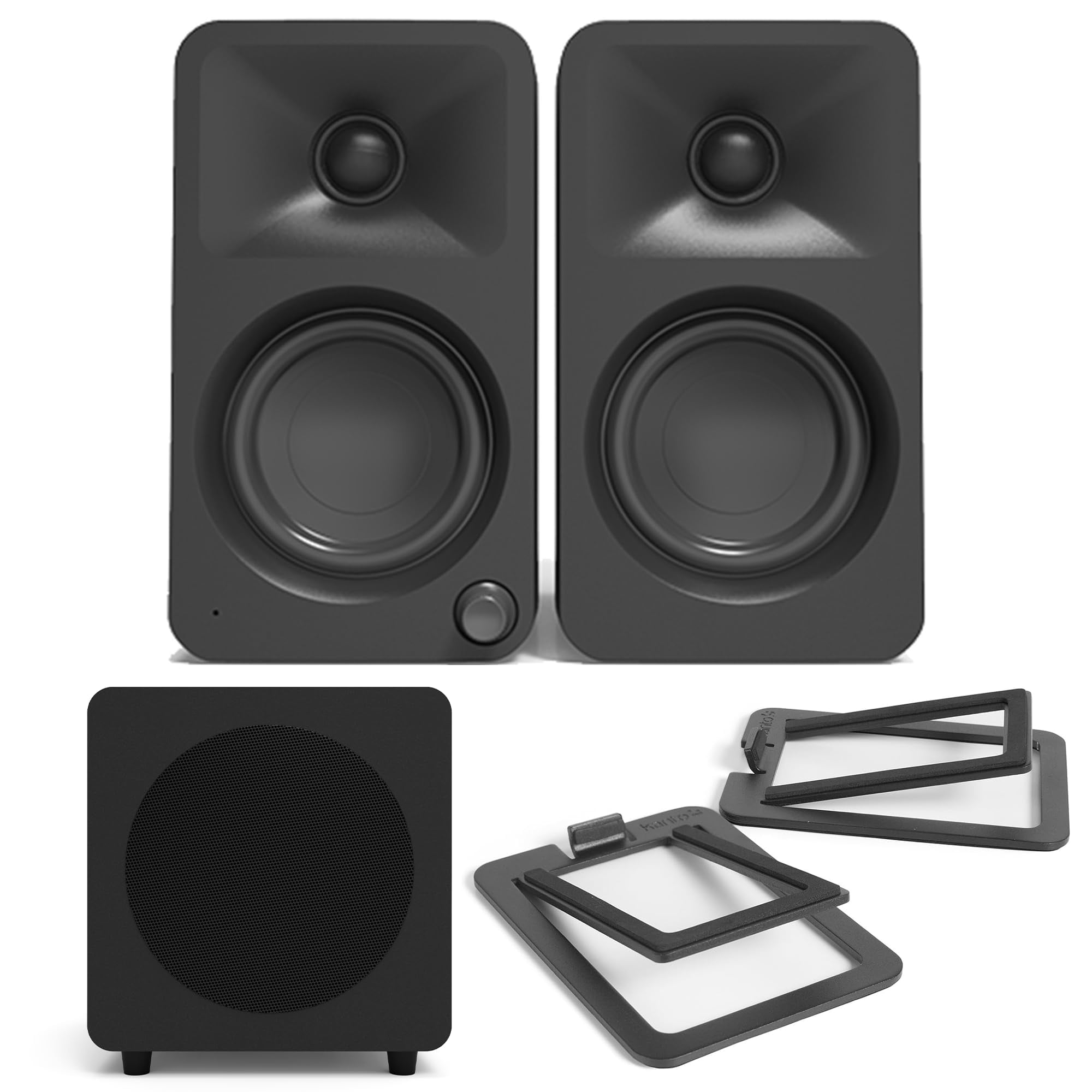 Kanto ORAMB Powered Reference Bluetooth Desktop Speakers with a Kanto SUB8VMB Sealed Powered 8" Subwoofer and Kanto S2 Angled Desktop Speaker Stands for Small Speakers (2023)