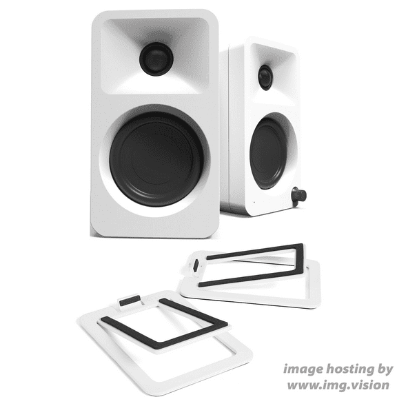 Kanto ORAMW Powered Reference Bluetooth Desktop Speakers - White Pair with Kanto S2W Angled Desktop Speaker Stands for Small Speakers - White Pair (2024)