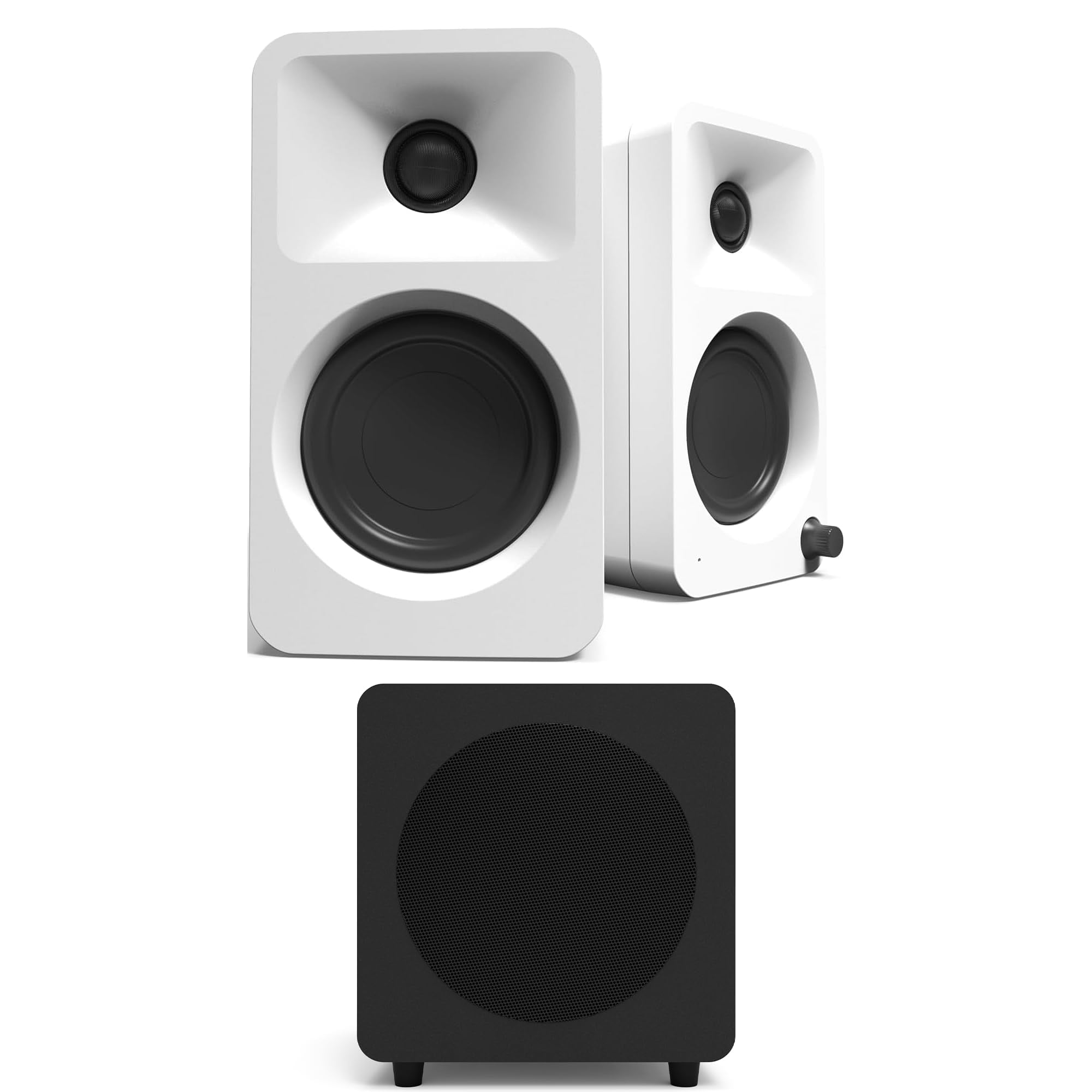 Kanto ORAMW Powered Reference Bluetooth Desktop Speakers - White Pair with a Kanto SUB8VMB Sealed Powered 8" Subwoofer - Vinyl Black (2024)