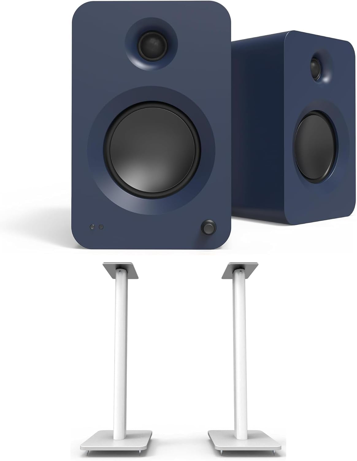 Kanto REN BLUE Bluetooth Powered Bookshelf Speakers - Matte Blue Pair with Kanto SP32PLW 32" Fixed-Height Stands for Bookshelf Speakers - White Pair (2024)