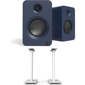 Kanto REN BLUE Bluetooth Powered Bookshelf Speakers - Matte Blue Pair with Kanto SP32PLW 32" Fixed-Height Stands for Bookshelf Speakers - White Pair (2024)