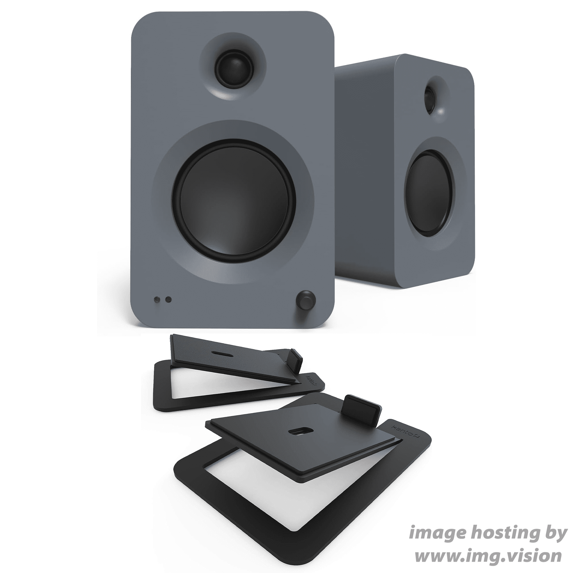 Kanto REN GREY Bluetooth Powered Bookshelf Speakers - Matte Grey Pair with Kanto S6 Angled Desktop Speaker Stands for Large Speakers - Black Pair (2024)
