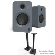 Kanto REN GREY Bluetooth Powered Bookshelf Speakers - Matte Grey Pair with Kanto ST28 28 Floor Speaker Pair of Stands with Black MDF Base 2024