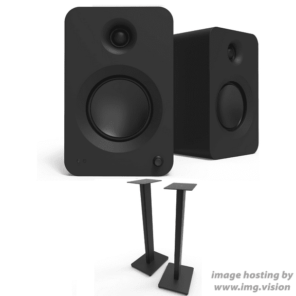 Kanto REN MB Bluetooth Powered Bookshelf Speakers - Matte Black Pair with Kanto ST28 28" Floor Speaker Pair of Stands with Black MDF Base (2024)