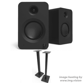 Kanto REN MB Bluetooth Powered Bookshelf Speakers - Matte Black Pair with Kanto ST34 34" Floor Speaker Pair of Stands with Black MDF Base (2024)