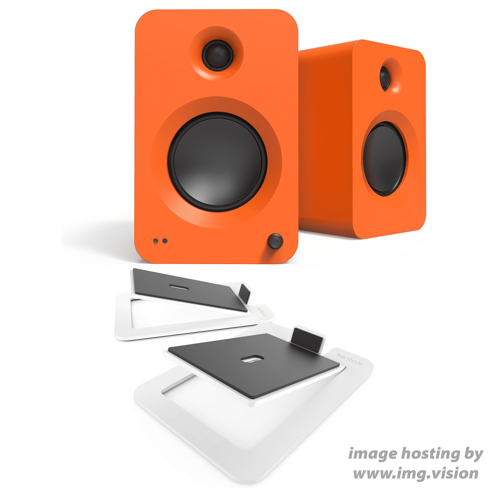 Kanto REN MO Bluetooth Powered Bookshelf Speakers - Matte Orange Pair with Kanto S6W Angled Desktop Speaker Stands for Large Speakers - White Pair (2024)