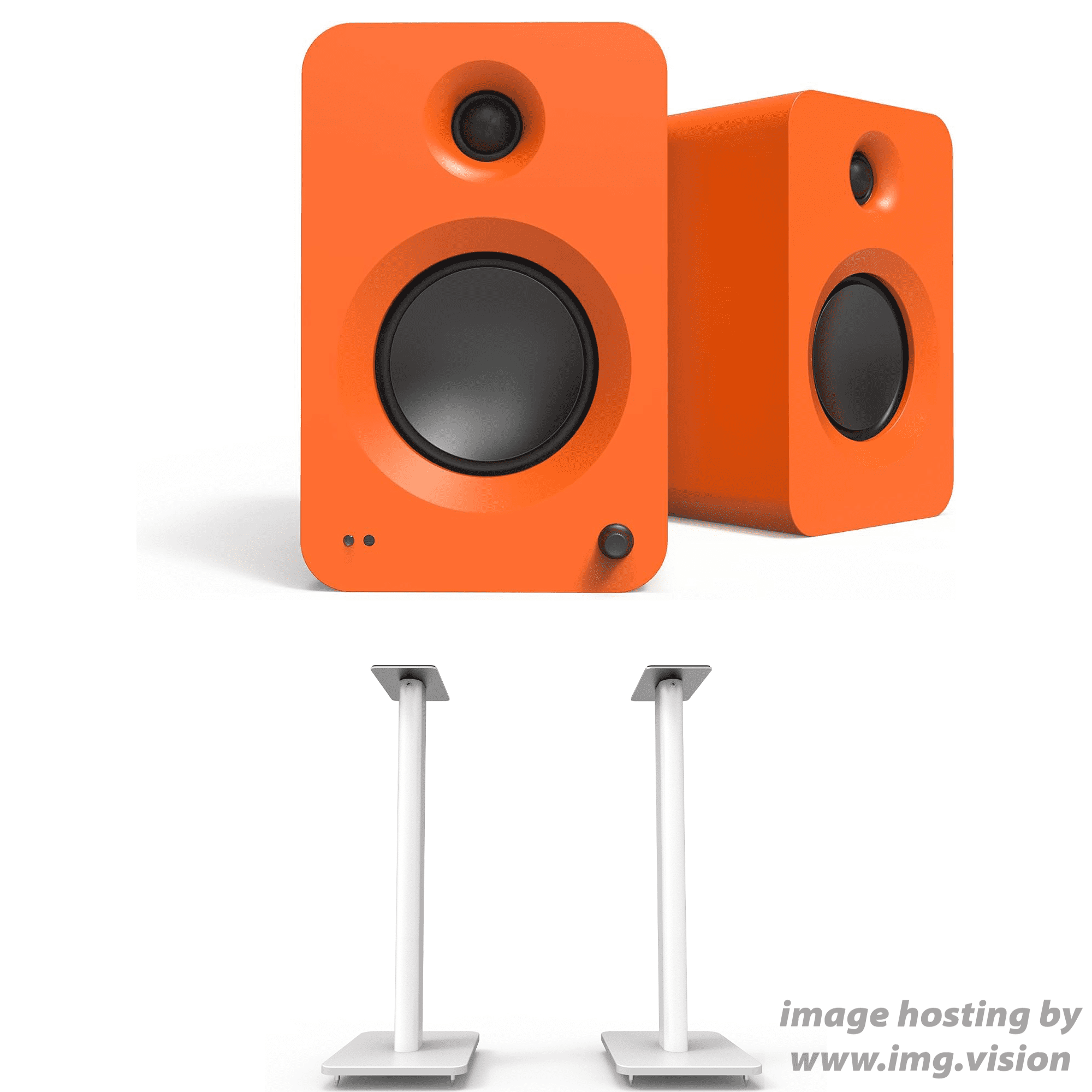 Kanto REN MO Bluetooth Powered Bookshelf Speakers - Matte Orange Pair with Kanto SP26PLW 26" Fixed-Height Stands for Bookshelf Speakers - White Pair (2024)