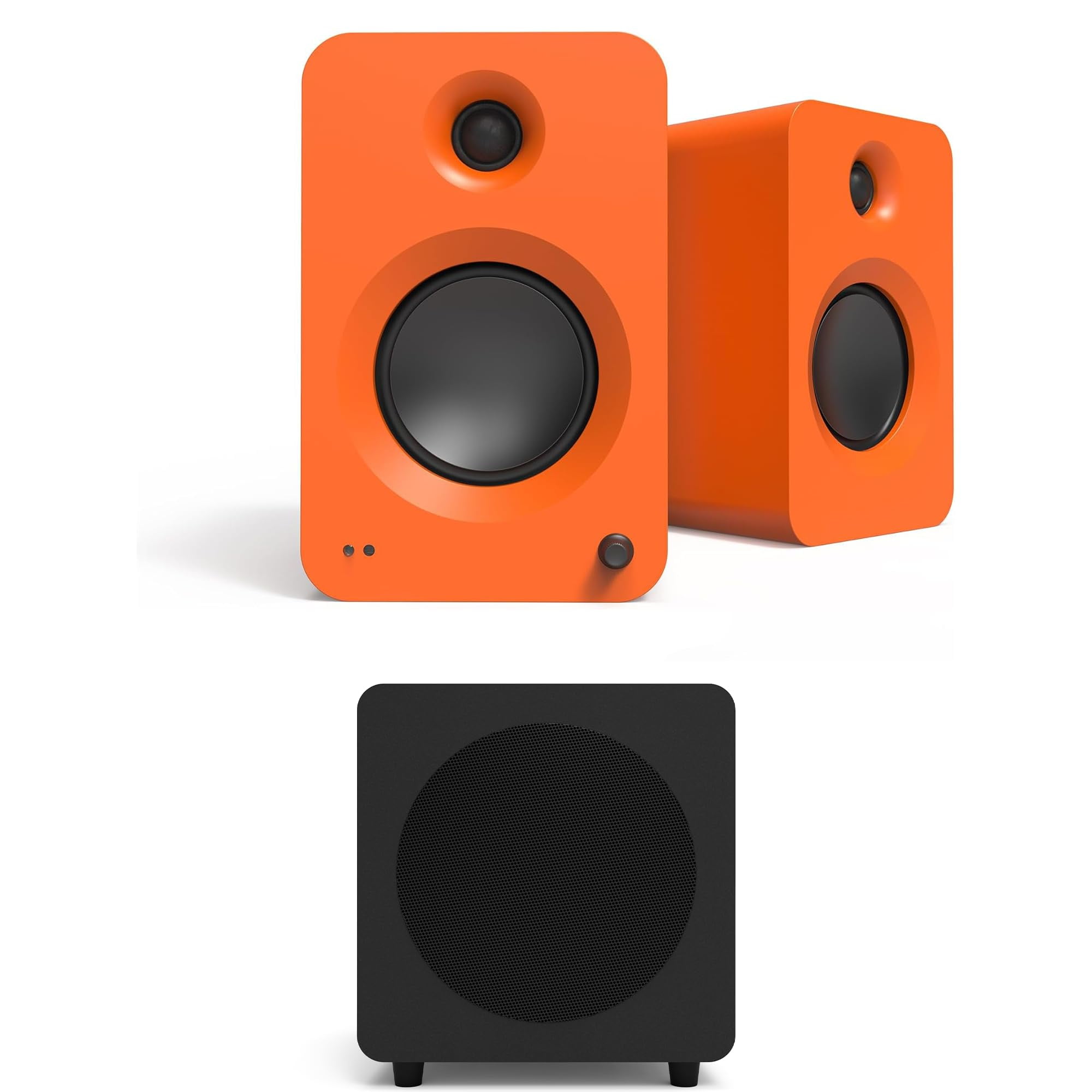 Kanto REN MO Bluetooth Powered Bookshelf Speakers - Matte Orange Pair with a Kanto SUB8VMB Sealed Powered 8" Subwoofer - Vinyl Black (2024)