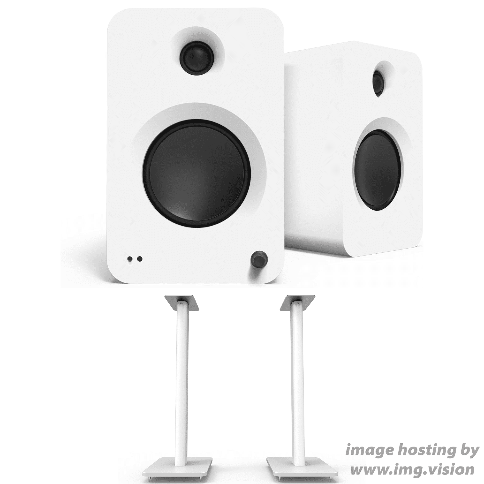 Kanto REN MW Bluetooth Powered Bookshelf Speakers - Matte White Pair with Kanto SP26PLW 26" Fixed-Height Stands for Bookshelf Speakers - White Pair (2024)