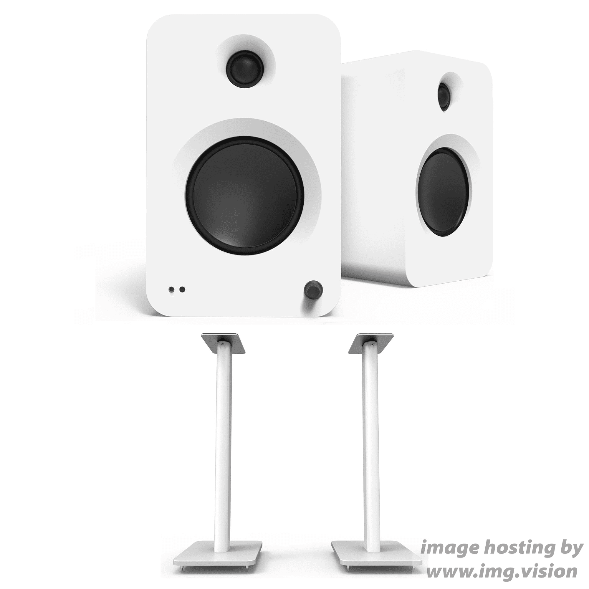 Kanto REN MW Bluetooth Powered Bookshelf Speakers - Matte White Pair with Kanto SP32PLW 32" Fixed-Height Stands for Bookshelf Speakers - White Pair (2024)