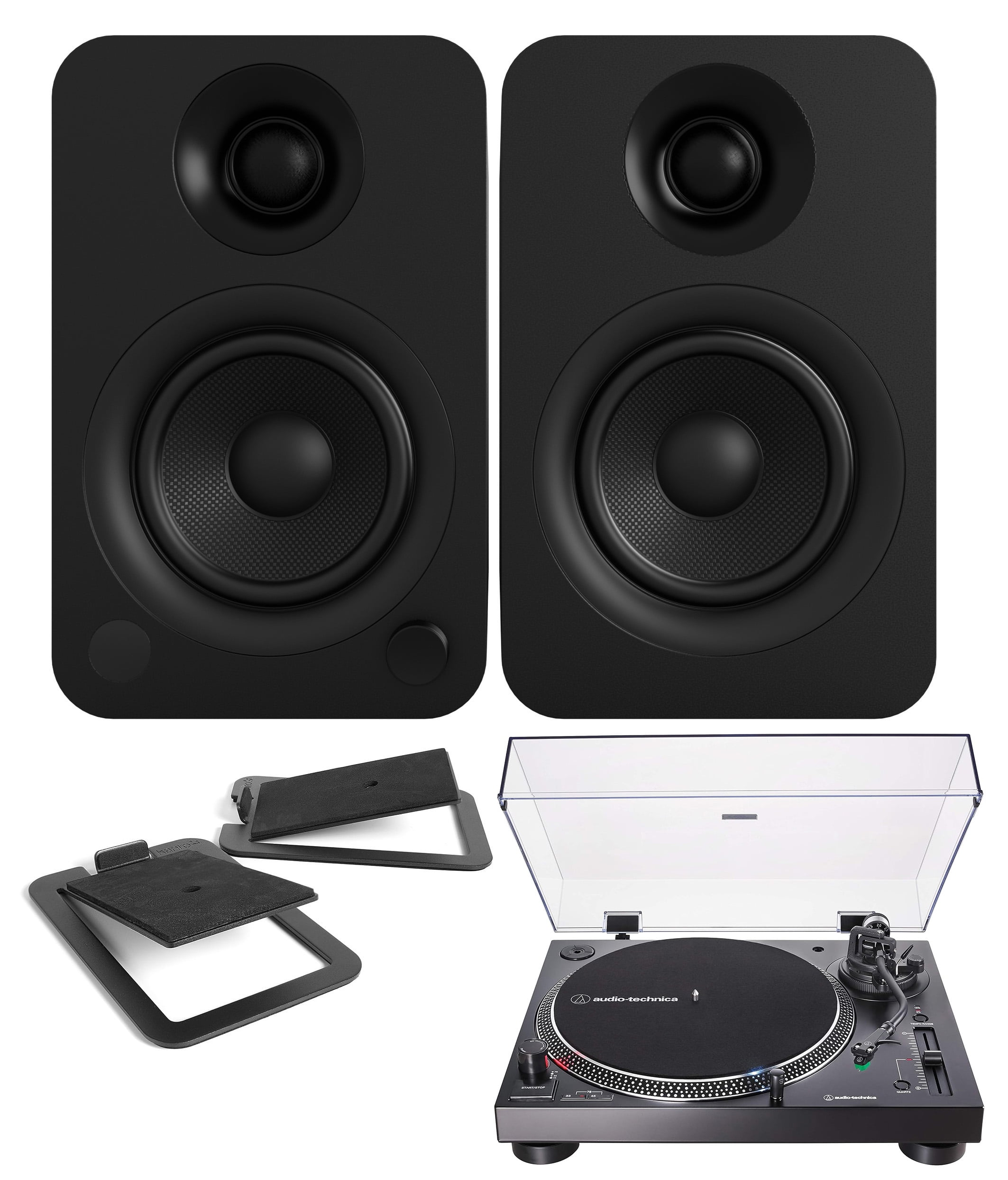 Kanto YU 140W Powered Bookshelf Speakers with Bluetooth with Kanto S4 Angled Desktop Speaker Stands and an AT-LP120XUSB-BK Direct-Drive 3-Speed Manual USB Turntable (2022)