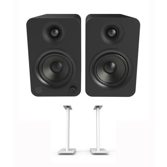 Kanto YU4MB 140W Bookshelf Speakers with Bluetooth - Matte Black (Pair) with Kanto SP26PLW 26" Fixed-Height Stands for Bookshelf Speakers - White (Pair) (2022)