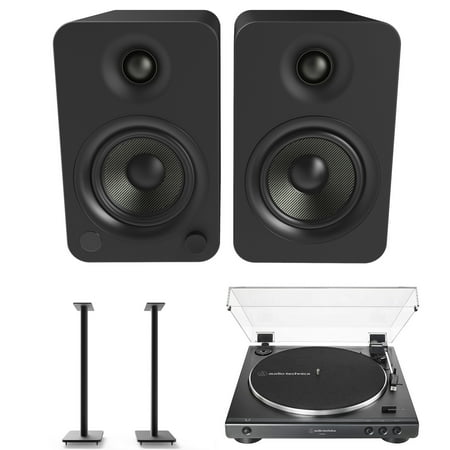 Kanto YU4MB 140W Bookshelf Speakers with Bluetooth, Kanto SP32PL 32 Inch Fixed-Height Stands for Bookshelf Speakers and an AudioTechnica AT-LP60X-BK Fully Automatic 2-Speed Belt-Drive Turntable (2022)