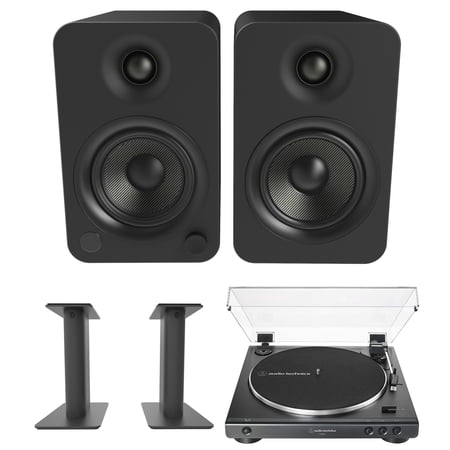 Kanto YU4MB Bookshelf Speakers with Bluetooth with Kanto SP9 9 Inch Fixed-Height Desktop Stands and an AudioTechnica AT-LP60X-BK Fully Automatic 2-Speed Belt-Drive Turntable (2022)