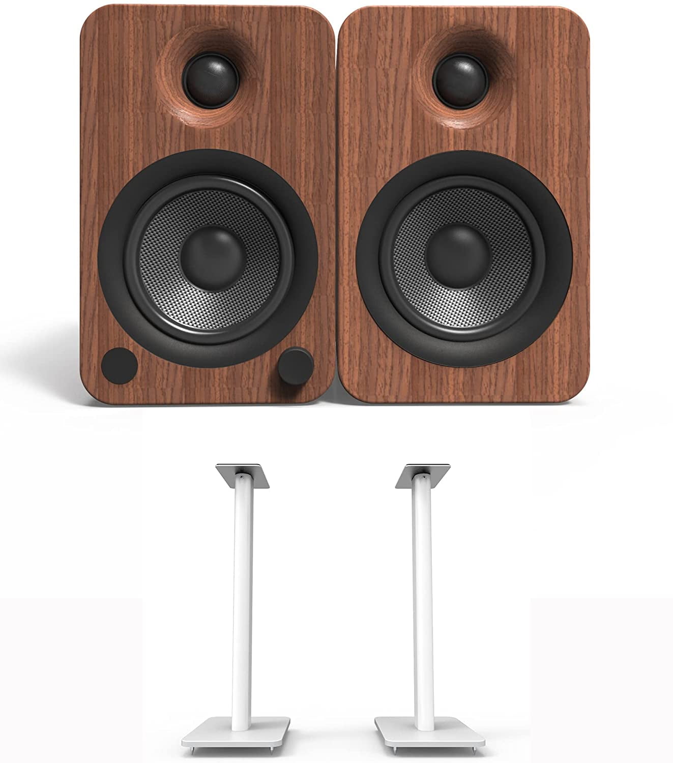 Kanto YU4WALNUT 140W Bookshelf Speakers with Bluetooth - Walnut (Pair) with Kanto SP26PLW 26" Fixed-Height Stands for Bookshelf Speakers - White (Pair) (2022)