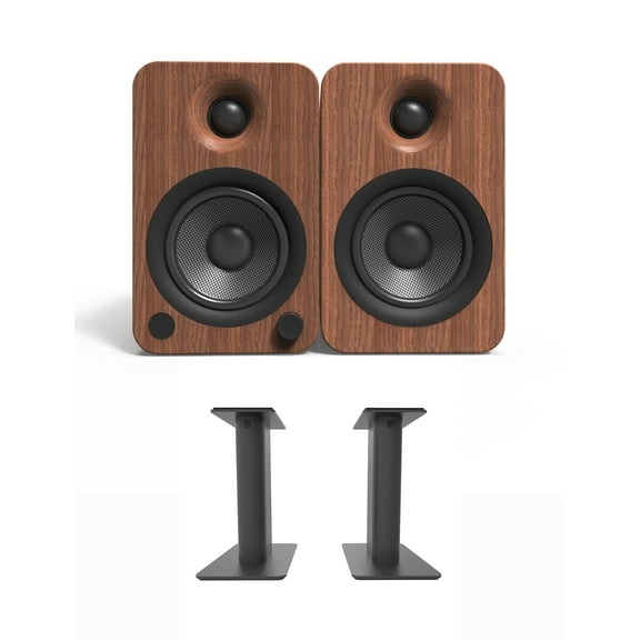 Kanto YU4WALNUT 140W Bookshelf Speakers with Bluetooth - Walnut (Pair) with Kanto SP9 9" Fixed-Height Desktop Stands for Bookshelf Speakers - Black (Pair) (2022)