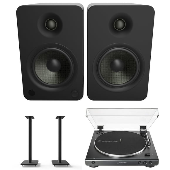 Kanto YU6MB Bookshelf Speakers with Bluetooth with Kanto SP26PL 26 Inch Fixed-Height Stands for Bookshelf Speakers and an AudioTechnica AT-LP60X-BK Fully Automatic 2-Speed Belt-Drive Turntable (2022)