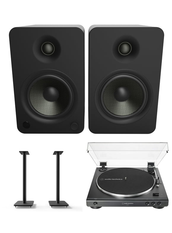Kanto YU6MB 200W Bookshelf Speakers with Bluetooth, Kanto SP26PL 26 Inch Fixed-Height Stands for Bookshelf Speakers and an AudioTechnica AT-LP60X-BK Fully Automatic 2-Speed Belt-Drive Turntable (2022)