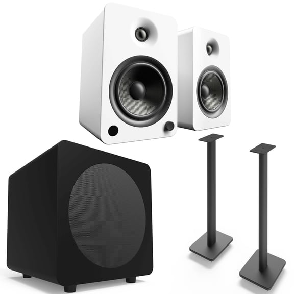 Kanto YU6MW YU6 Matte White 200 W Speakers (Pair), SP32PL Pair of 32" Speaker Stands, Black & SUB8 8" 250W Sub - Black