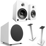 Kanto YU6MW YU6 White Powered Speakers Pair, SUB8 8" 250W White Powered Sub, and SP26PLW 26" Speaker Stand Pair, White