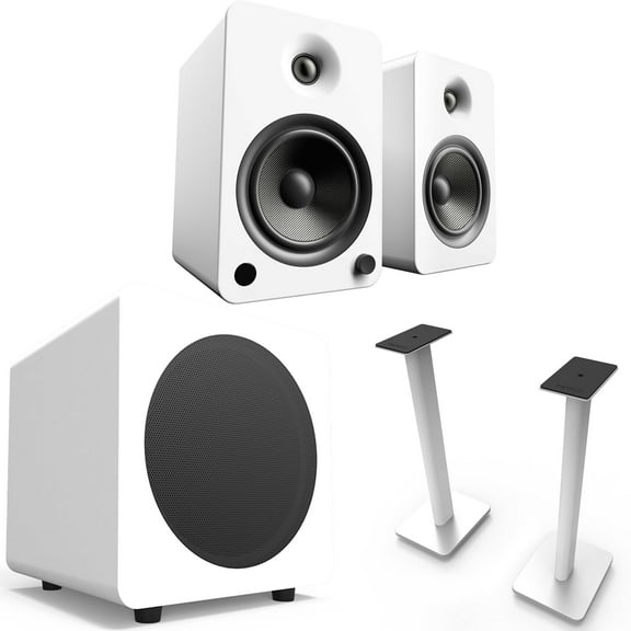 Kanto YU6MW YU6 White Powered Speakers (Pair), SUB8 8" 250W White Powered Sub, and SP26PLW 26" Speaker Stand Pair, White