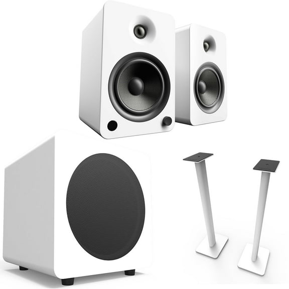 Kanto YU6MW YU6 White Powered Speakers (Pair), SUB8 8" 250W White Powered Sub, and SP32PLW 32" Speaker Stand Pair, White