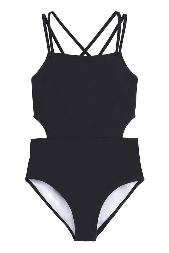 Girls' Beach Sport Cut-Out 1-Piece Swimsuit, Solid Black, 10
