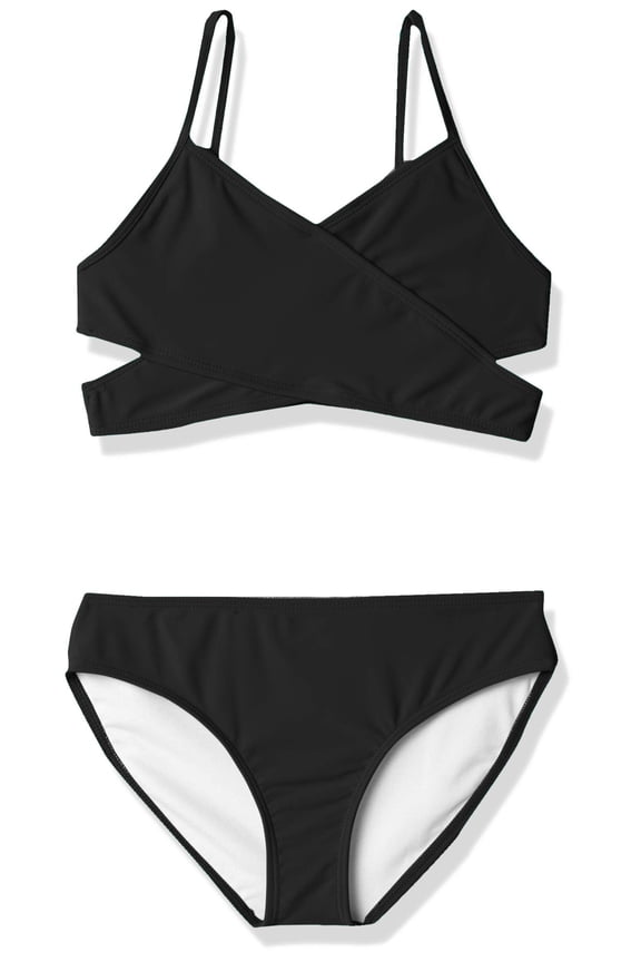 Girls' Standard Coral Reef Beach Sport Wrap Around Bikini 2-Piece Swimsuit, Solid Black, 12