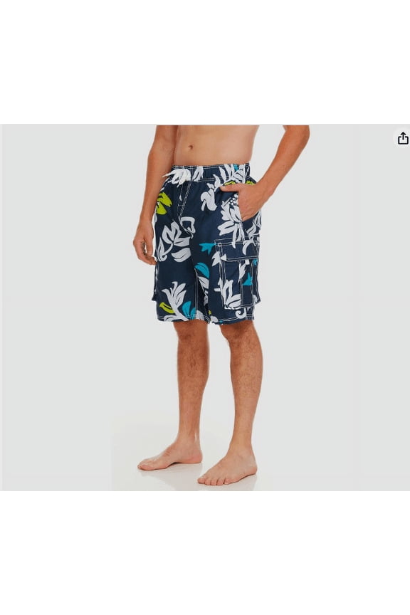 Kanu Surf Men's Barracuda Oahu Navy Floral Print Swim Trunks, Large