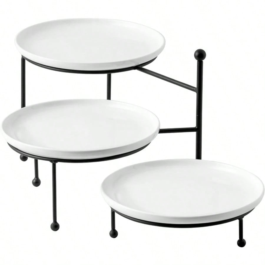 Kanwone 3 Tiered Serving Stand With White Porcelain Plates 10 Round Tray Dert Table Display Set Black Metal Stand Versatile Durable