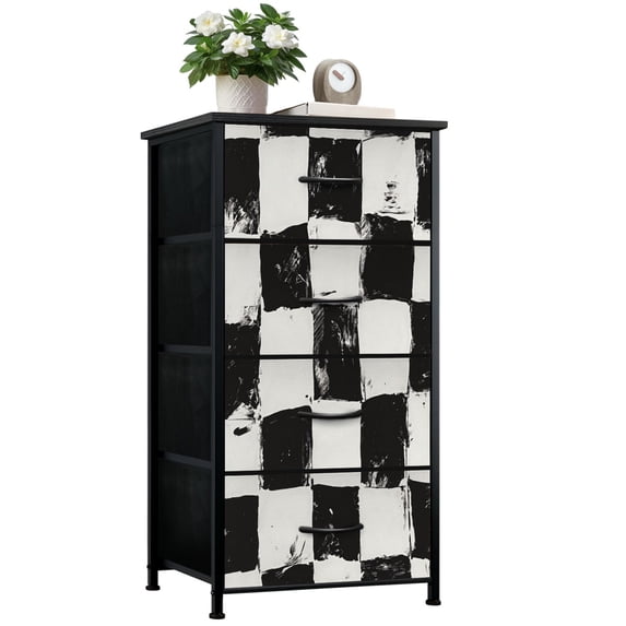 Kanworse 4 Drawer Fabric Dresser for Bedroom Abstract Black White Checkerboard Chests of Drawers for Closet Organizers Storage