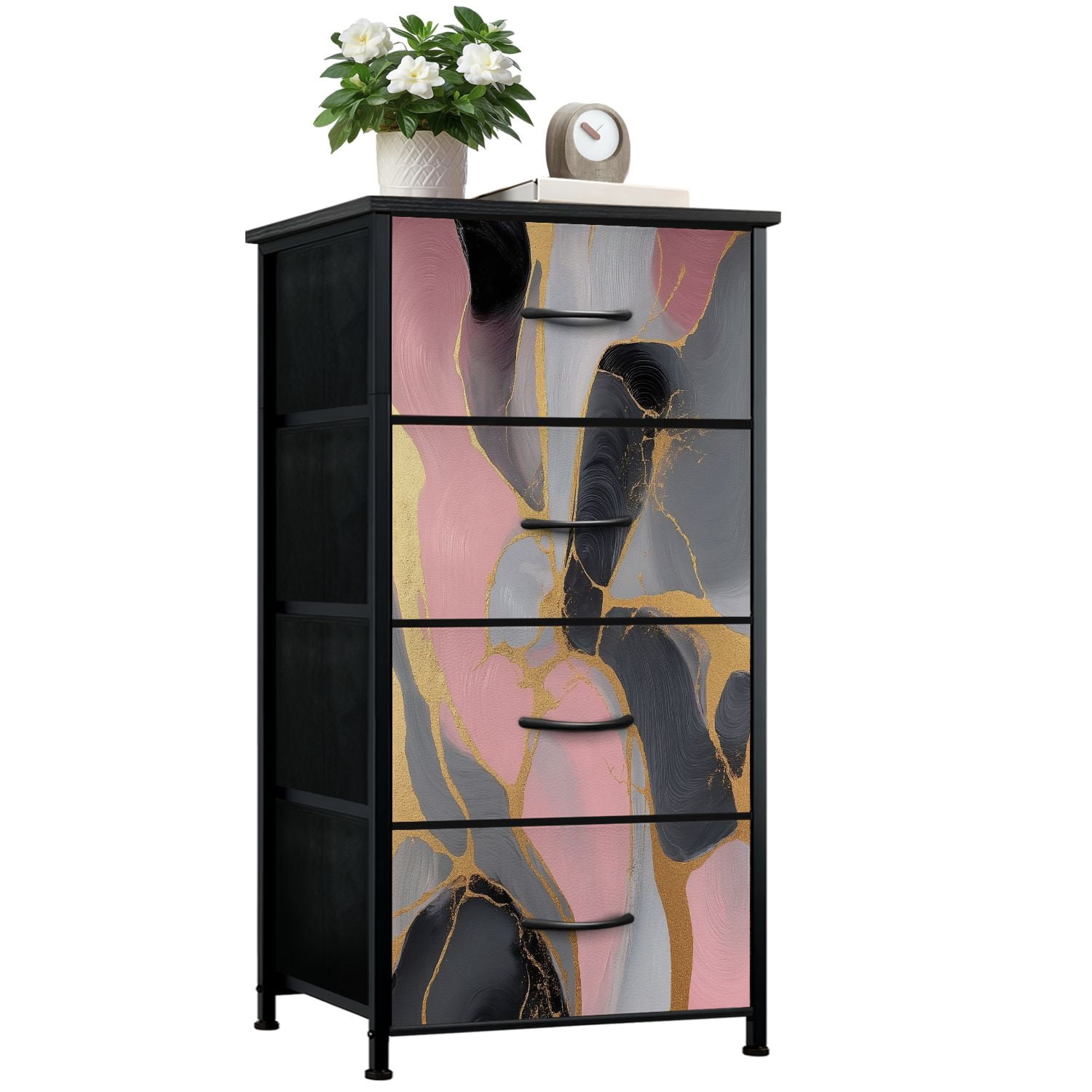 Kanworse 4 Drawer Fabric Dresser for Bedroom Abstract Stains Blue Rose Gold Chests of Drawers for Closet Organizers Storage