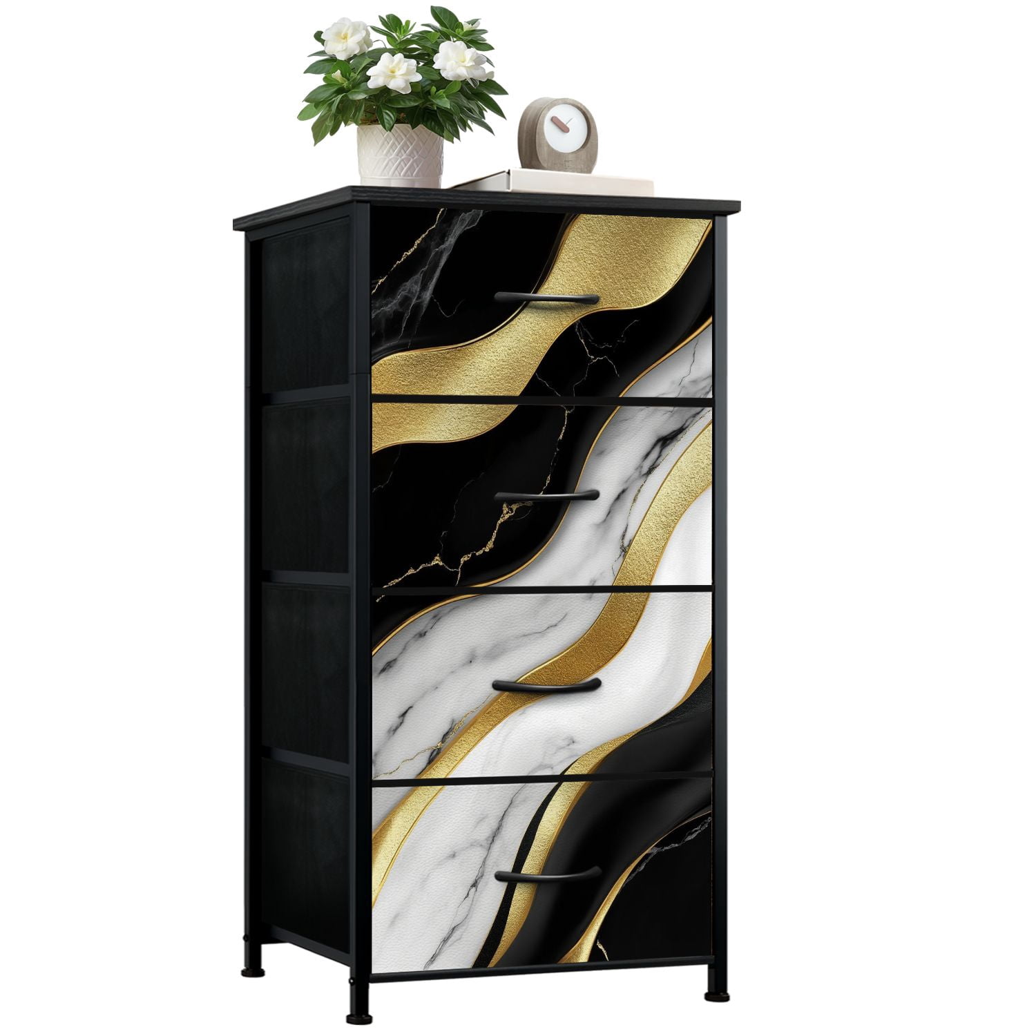 Kanworse 4 Drawer Fabric Dresser for Bedroom Black white gold liquid 3d abstract Chests of Drawers for Closet Organizers Storage