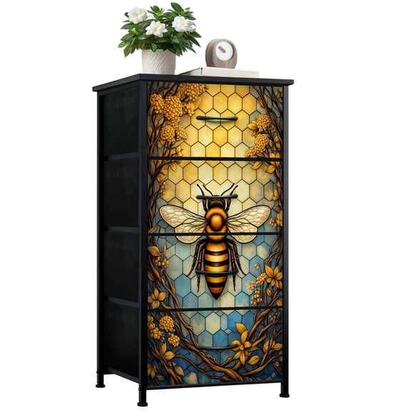 Kanworse 4 Drawer Fabric Dresser for Bedroom Stained Glass Honey Bee Bee Honeycomb Chests of Drawers for Closet Organizers Storage
