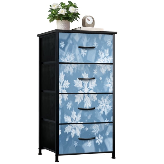 Kanworse 4 Drawer Fabric Dresser for Bedroom White Snowflakes Icy Blue Chests of Drawers for Closet Organizers Storage