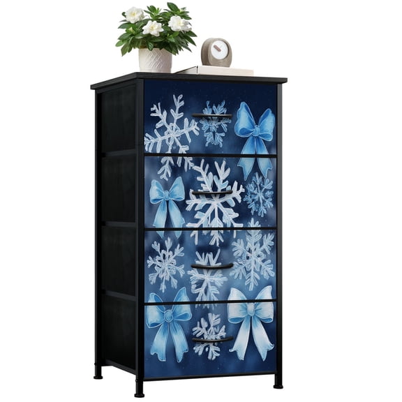 Kanworse 4 Drawer Fabric Dresser for Bedroom Winter Snowflakes Blue Bows Chests of Drawers for Closet Organizers Storage